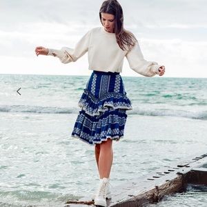 Ellie Makir Denim Embroidered Tier Skirt